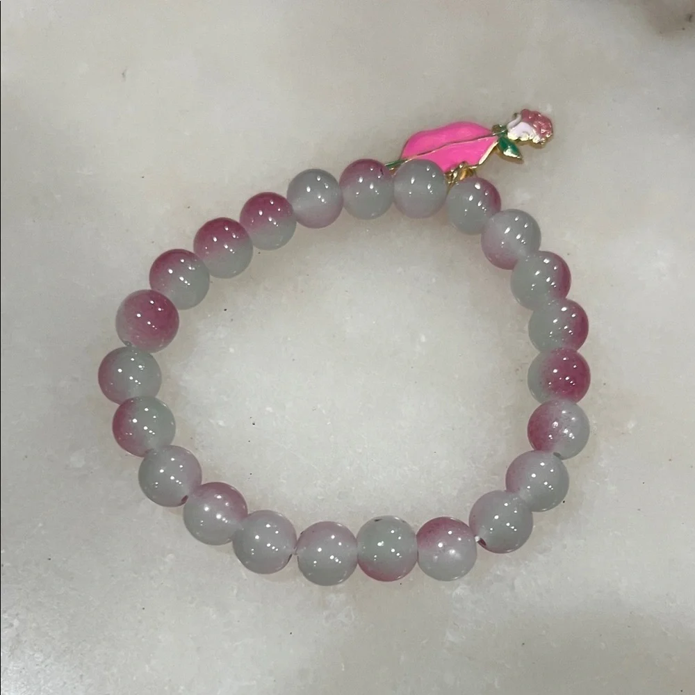 Chic Pink and Gray Beaded Bracelet with Lip Charm